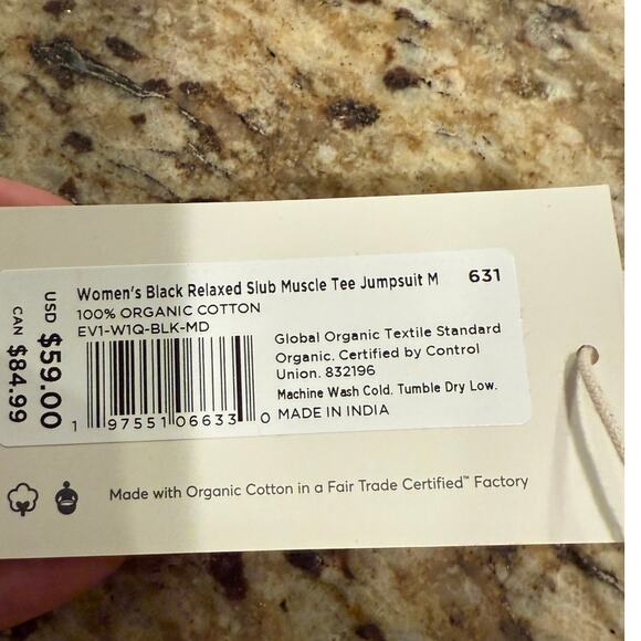 Pact NWT Relaxed Slub Muscle Tee Jumpsuit Jogger Black Sz Med Organic Cotton Eco - Picture 8 of 15